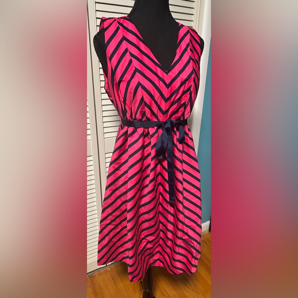 Pink with Navy Striped Motherhood Maternity Dress with Bow Belt, size Medium